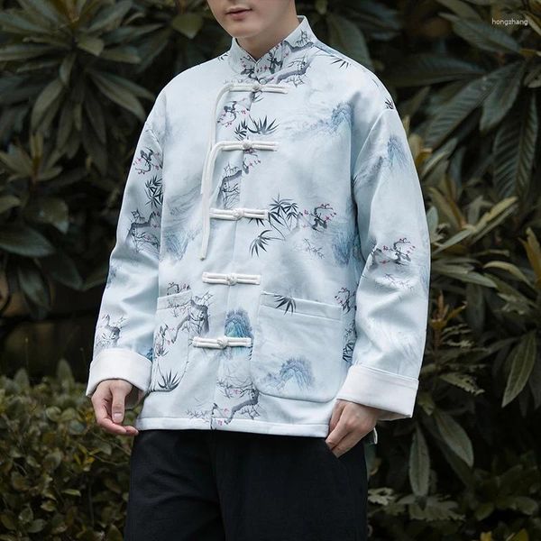 Abbigliamento etnico da uomo in stile cinese tradizionale abito Tang Hanfu cappotto sinicismo pittura a inchiostro giacca con stampa di bambù da uomo con colletto rialzato