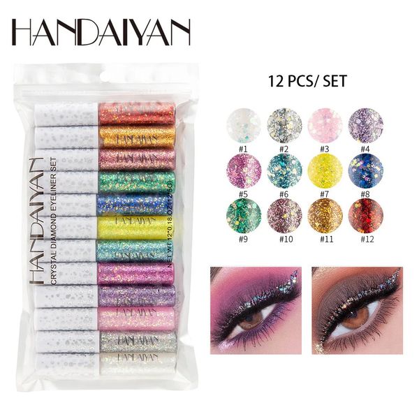 HANDAIYAN Sexy 12-teiliges Augen-Diamant-Glitzer-Flüssigkeits-Eyeliner-Lidschatten-Set, wasserdichtes Make-up, Schimmer-Glanz-Eye-Liner-Stift, Augenstift 240106