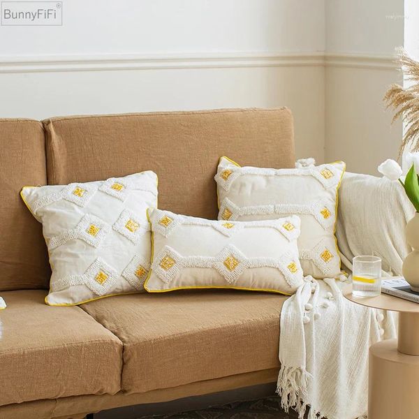 Travesseiro diamante amarelo marfim capa tufada decoração de casa sala de estar quarto sofá sofá quadrado 45x45cm 30x50cm