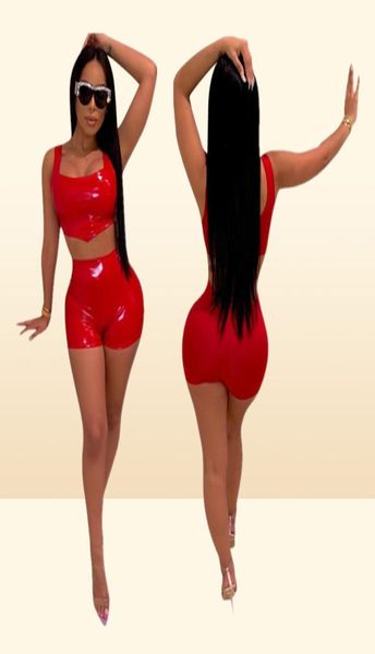 Женский комплект из 2 предметов из искусственной кожи, спортивные костюмы для девочек, сексуальный укороченный жилет без рукавов из искусственной кожи, шорты, костюмы, узкие брюки, красный, черный, желтый, зеленый4863439