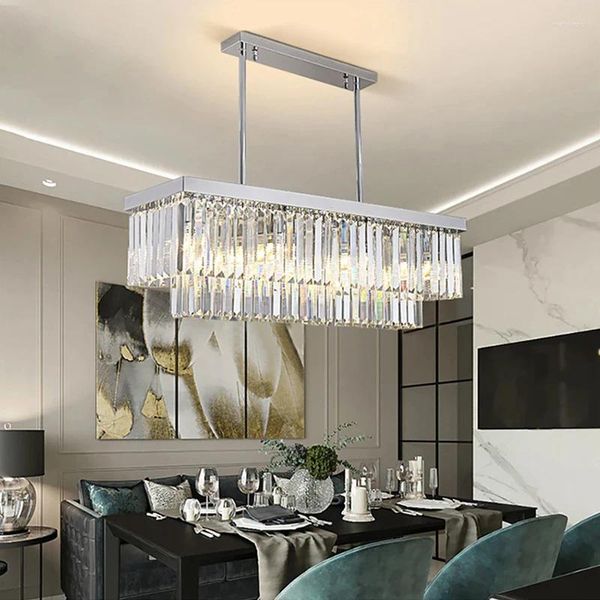 Lampadari Lampadario di cristallo di lusso oro / cromo per sala da pranzo Lampada da cucina rettangolare a LED a semi-incasso