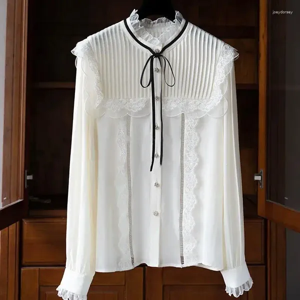 Blusas femininas moda mulher blusa 2024 gola de madeira babados borda solúvel em água flor arco recorte camisa