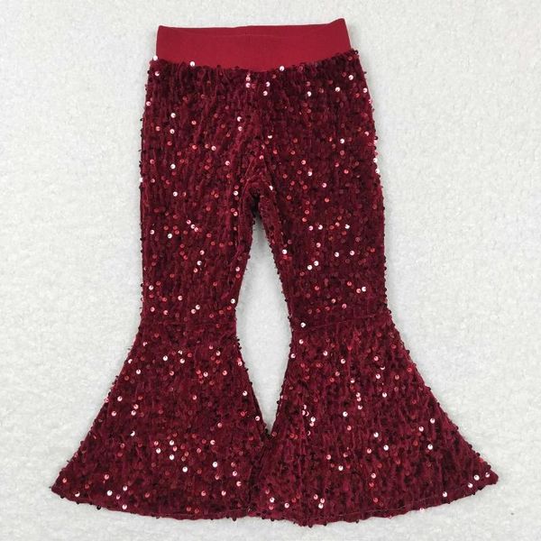 Pantaloni all'ingrosso neonate paillettes rosso scuro morbidi bambini pantaloni a zampa d'elefante pantaloni vestiti abbigliamento boutique per bambini