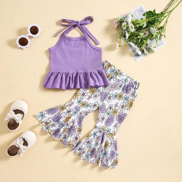 Kleidungssets Baby Mädchen Sommer 2-teiliges Outfit Krawatte Neckholder rückenfreie Weste mit Blumendruck Schlaghose