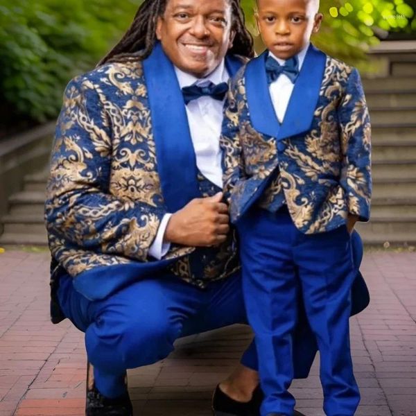 Herrenanzüge Vater und Sohn Jacquard für Männer Hochzeit Bräutigam Smoking Kinder Geburtstag Party Abschlussball formelle Outfits Sets 3 Stück 2024