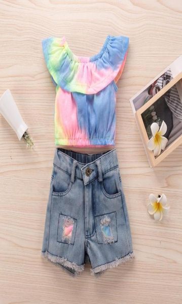 Set di abbigliamento Baby Children039s Girl039s senza maniche con scollo a barchetta arricciato Top corti colorati con jeans strappati per l'estate1070245