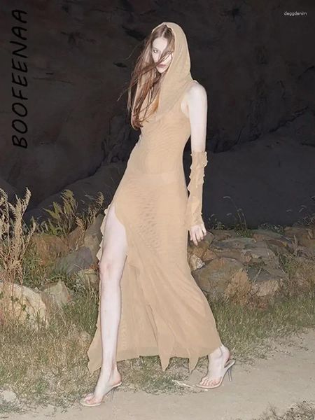 Partykleider BOOFEENAA Nude Mesh Sheer Y2k Outfits für Frau Asymmetrische Rüschen Kapuzenschlitz Langes Maxikleid mit Armärmeln C71DD33