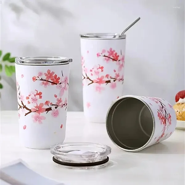 Tassen Handliche Tasse 304 Edelstahl Ins Hands-on Stroh Hohe Mädchen Milch Tee Kaffeetasse Anti-Fall-Wasserflasche Cherry Blos