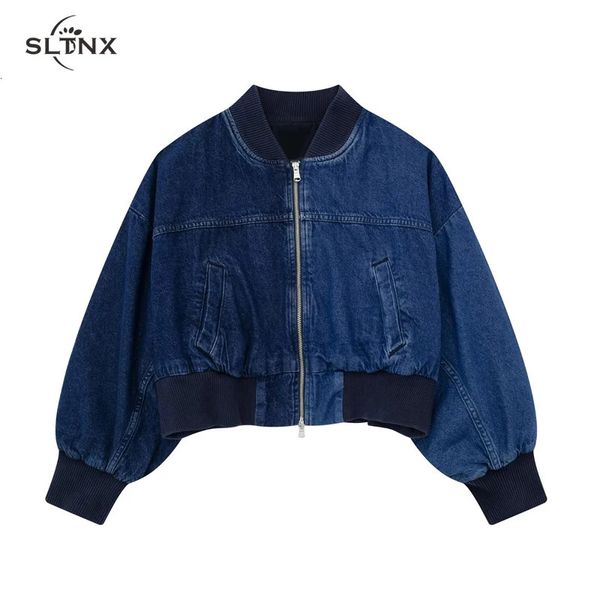 Sltnx retalhos bombardeiro denim jaquetas para mulher 2023 chique gola frontal zíperes casaco senhoras manga longa solto outerwear 240106