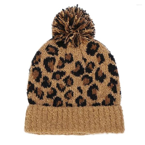 Berets 1PC Verdickung Strickmütze Leopardenmuster Haarball Warm (Braun)