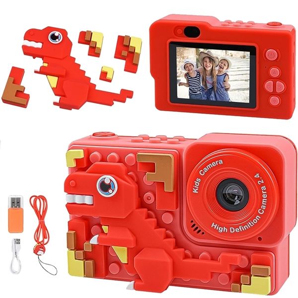 Fotocamera per bambini con dinosauri Fotocamera per bambini con blocchi di costruzione in silicone di dinosauro 4800W 1080P Scheda SD da 32 GB inclusa per ragazzi e ragazze 240105