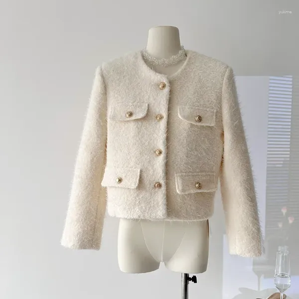 Giacche da donna in lana francese Autunno inverno Autunno piccolo cappotto profumato O collo cardigan peluche a maniche lunghe chic shor short women