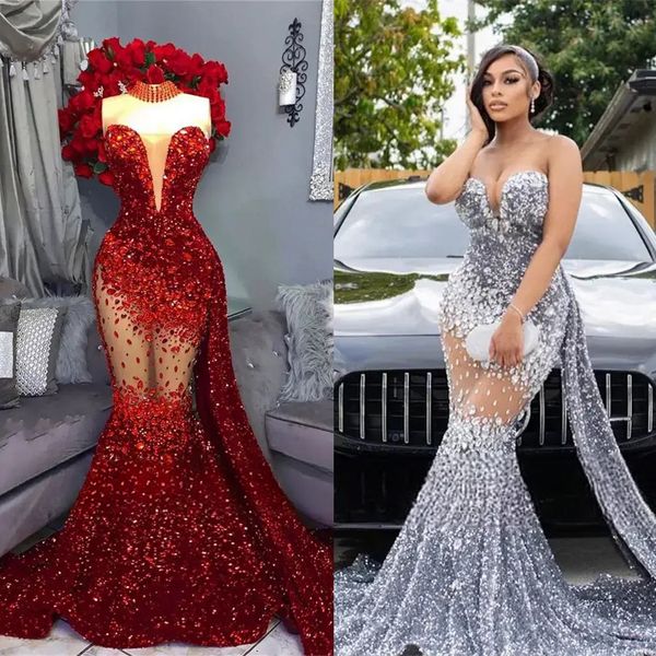 Espumante Aso Ebi Vestidos de baile Sereia Strapless Illusion Lantejoulas Lace Vestidos formais de noite para ocasiões especiais Vestido de noivado Vestidos de festa de aniversário NL360