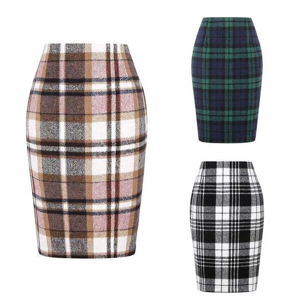 Kleid 17 Farben Plaid Bleistiftrock Herbst Winter Sexy Schlank Wollrock Knielangen Rückenschlitz SXXL Maxiröcke Für Büro Casaul VD3594