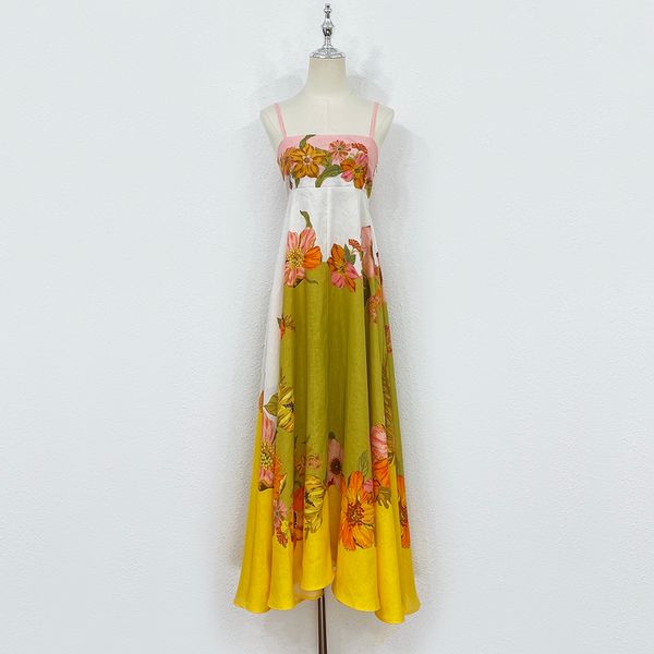 Langes Kleid aus Leinen mit Trägern, australisches Designerkleid, 24 neues langes Urlaubskleid im klassischen Print-Stil