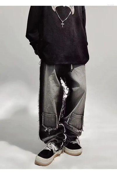 Herren Jeans American Y2k Man Erosion Damaged Rough High Street Antik Quaste Hip-Hop Mode Vintage Hose