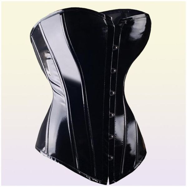 Corse sexy Black Pvc Overbust Corset Steampunk Lingerie Top Corse Goth Corset in pelle sexy Corset per donne Y111922159752