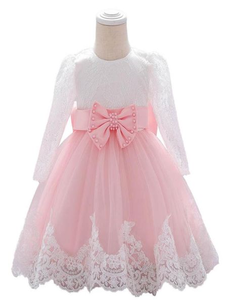 Ins Abito da bambina in pizzo con fiocchi Abiti da bambina a maniche lunghe Abito da battesimo per bambina Abito da battesimo per bambina Prima festa di compleanno dres6466014