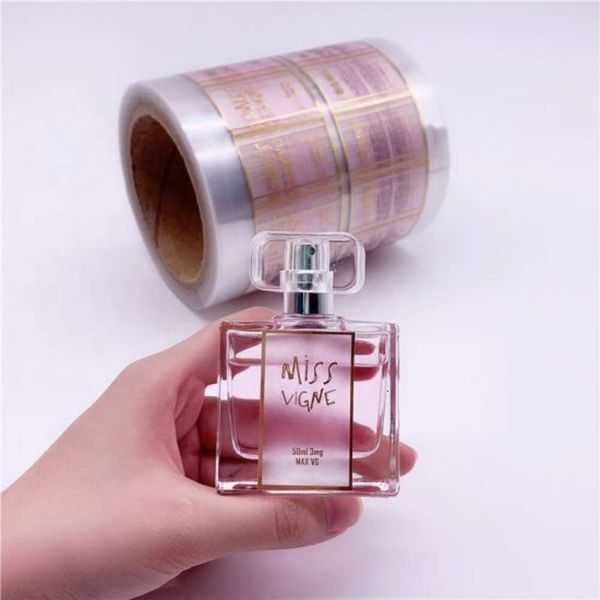 Impressão personalizada de auto -adesivo adesivos de folha de ouro transparentes rolos transparentes para garrafas de perfume