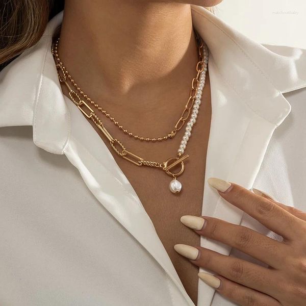 Collane con ciondolo Ins 2024 Collana a catena di perle di moda Donna Colore oro OT Chiusura Perlina Doppio strato per regalo di gioielli per feste