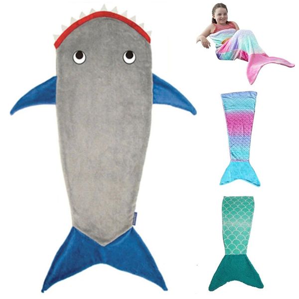 Kinder-Schlafsack mit Hai-Motiv, ultraweich, flauschig, Flanell, Fischschwanz-Decke, für Kinder, Jungen und Mädchen, tragbarer Schlafsack 240105