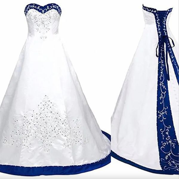 Azul real e branco a linha vestido de casamento 2024 princesa cetim rendas até volta tribunal trem vestidos de casamento longos