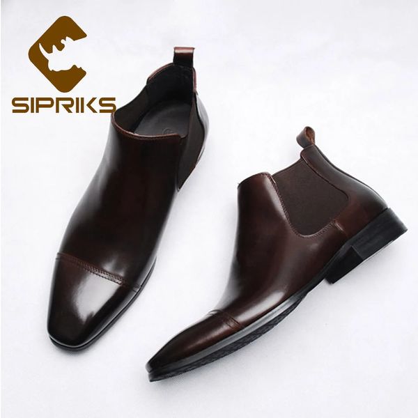 Sipriks botas masculinas chelsea couro genuíno quadrado masculino cowboy vestido botas boné toe botte marrom escuro euro 44 sapatos de igreja 240106