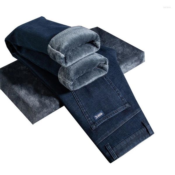 Männer Jeans Winter Fleece Männer Business Casual Warme Dicke Schwarz Blau Stretch Denim Hosen Männliche Hohe Qualität Luxus Hosen kleidung