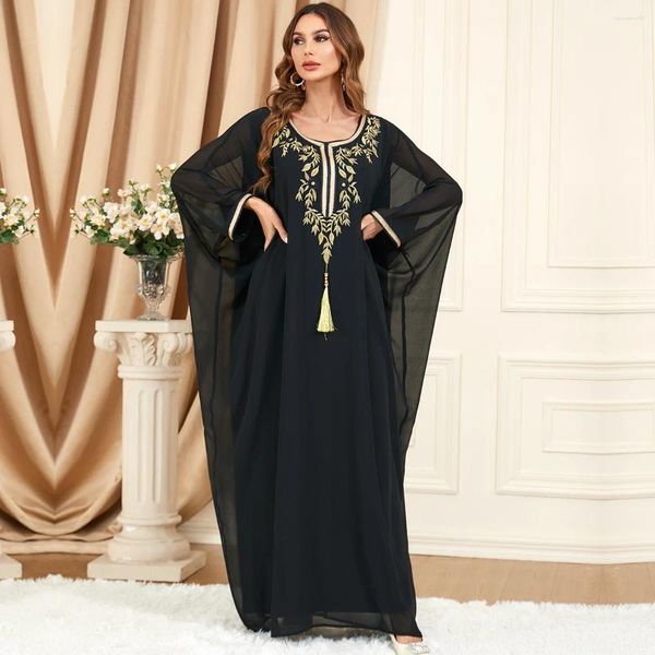 Ethnische Kleidung Vintage Stickerei Quaste Schwarz Abaya Übergroße lässige lose muslimische Frau Kleid Dolman Ärmel Kaftan Islam Kimono