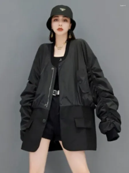 Jaquetas femininas urior 2024 outono moda retalhos preto trench coat solto personalizado casual mulheres jaqueta curta