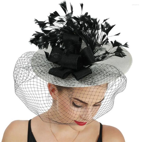 Berets Beige Damen Chapeau Caps Frauen Kenducky Fascinator Kopfbedeckung Stirnbänder Kopfschmuck Schwarze Federn Haarschmuck