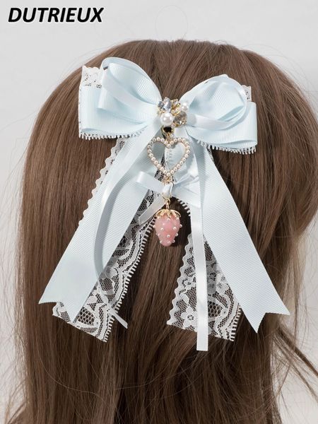 Süße süße Mädchen-Perlenschleife-Spitzenspangen im Lolita-Stil, japanische und koreanische Kawaii-Seitenklammer-Haarschmuck 240106