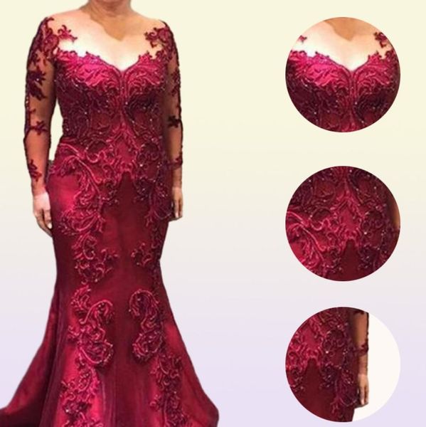 Koyu Kırmızı 2021 Gelin Elbiselerinin Annesi Dantel Appliuque Beading Illusion Uzun Kollu Resmi Gece Elbise Muhteşem Düğün Damat8901035