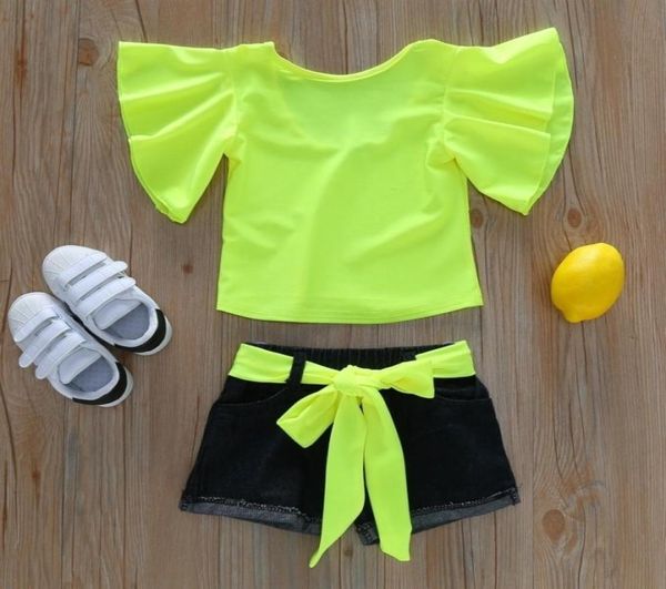 Sommer Mädchen Kleidung Sets Fluoreszierende Farbe Kurzarm TopsDenim shorts Baby Mädchen Kleidung T2006131545915