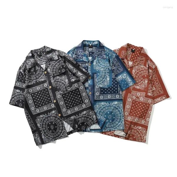 Camisas casuais masculinas bandana camisa paisley impresso meninos manga curta top havaiano praia solta 2024 moda verão roupas masculinas