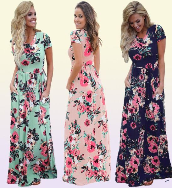 2019 Stampa floreale Boho Beach Dress Donna Abito lungo maxi Abiti estivi da donna Manica corta Abito da sera da donna Abito casual Vesti4569229