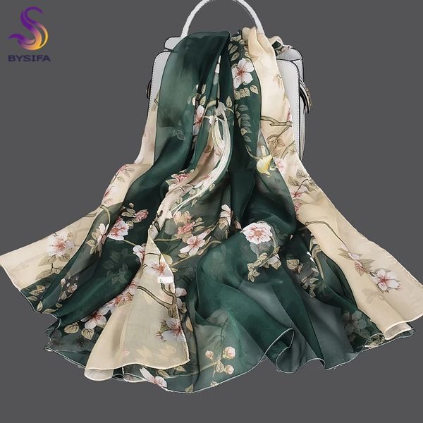 BYSIFA Sciarpa di seta di gelso verde beige al 100% Mantella estiva con disegno floreale in chiffon Sciarpe lunghe Scialle da spiaggia Sciarpe da donna Echarpes 240106