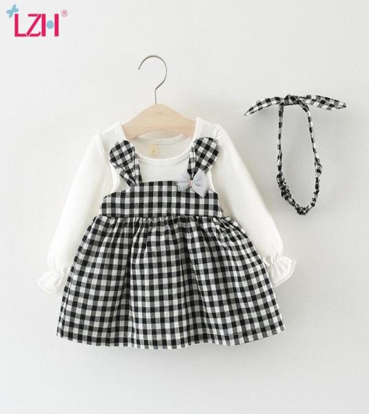 Lzh 2020 outono meninas vestido xadrez com orelhas bonitos argola de cabelo bebê meninas vestido roupas recém-nascidos algodão festa crianças roupas 1250728
