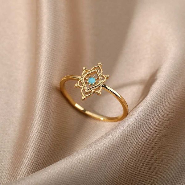 Anel de flor de lótus de lótus vintage vintage para mulheres aço inoxidável de anel de casamento de ouro anel de casamento jóias estéticas anilos e freeadl240105