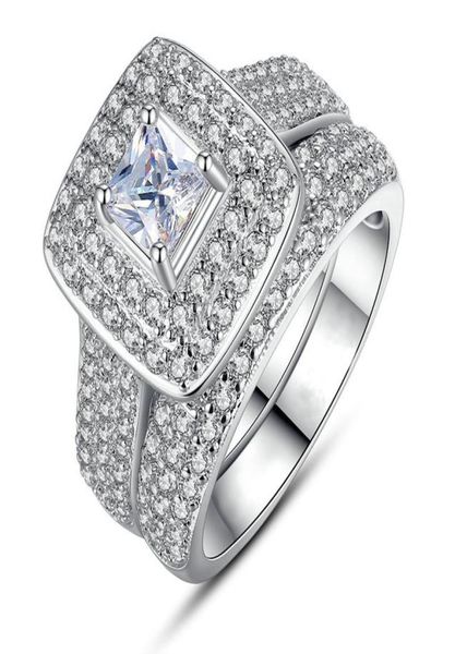 2 Stück Sets Hochzeit Verlobungsring für Frauen Braut Classic Square Cut Zirkonia Kristall Silber Farbe Modeschmuck Chirstma6479952