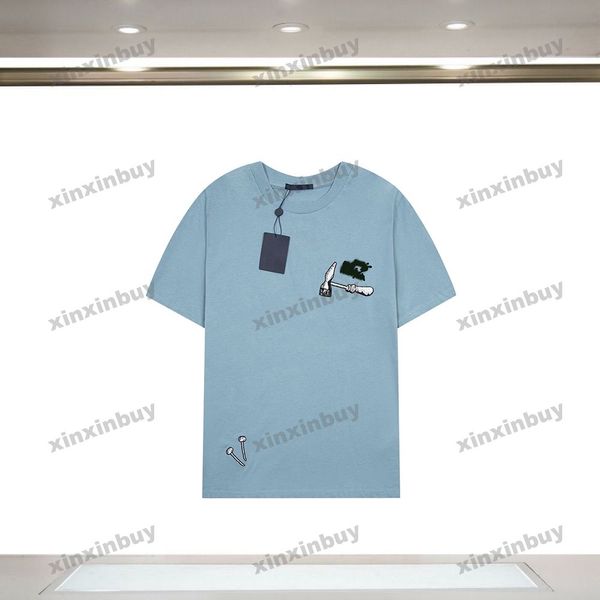 Xinxinbuy 2024 Männer Designer T-Shirt Werkzeugmuster Stickerei Rundhalsausschnitt Kurzarm Baumwolle Frauen Schwarz Weiß S-2XL