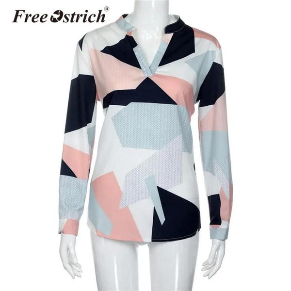 Рубашки Free Страус 2018 Женская блузка с геометрическим узором с v-образным вырезом и длинным рукавом Повседневная женская элегантная рубашка Blusas