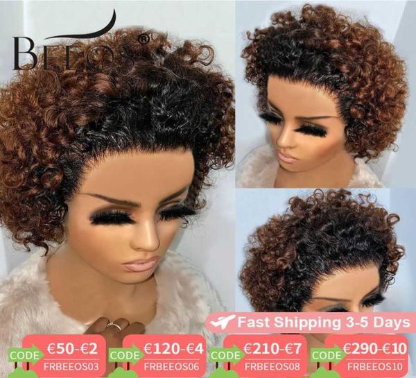 Beeos kısa kıvırcık 250 pixie kesim bob peruk 132 dantel ön insan saç perukları brezilyalı remy insan saçı ön önceden koparılmış s082695378692