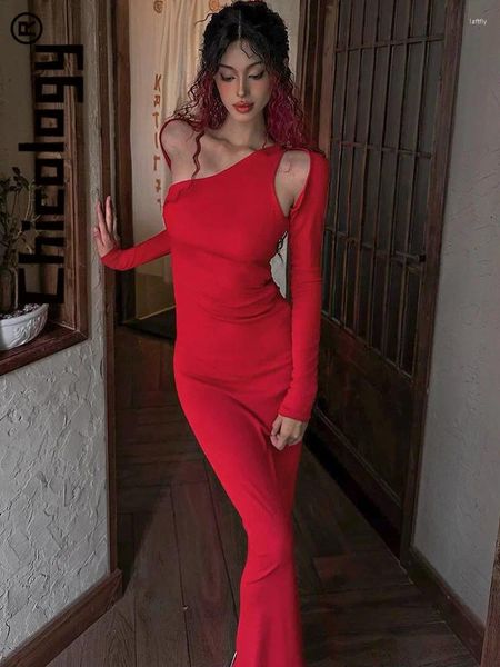 Casual Kleider Chicology Sexy Lange Ärmel Aushöhlen Bodycon Rotes Kleid Festival Elegante Party Abend 2024 Frauen Kleidung Für Großhandel