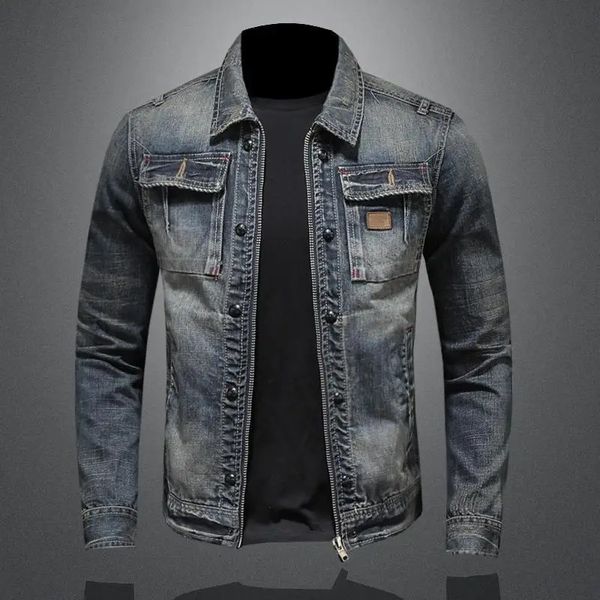 Herren-Retro-Klassiker-Jeansjacke, Herbst, Straßentrend, hübsches Reiten, winddichte Kleidung, hohes lässiges Revers, 240105