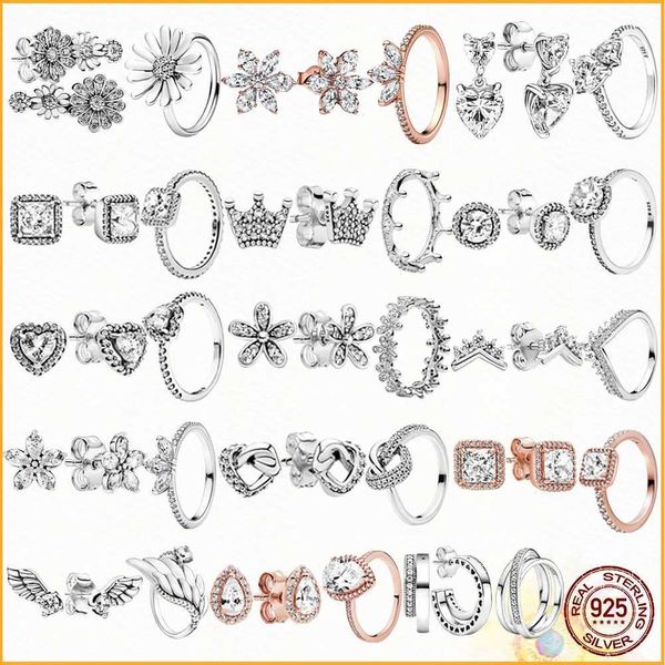 Anelli di banda Nuovi 925 Sterling Silver Shiny Shiny Plant Cluster Cluster Ring Fit Pandore Ear Studs Orecchini Combinazione fai -da -te Donne Regalo per primo Choicel240105