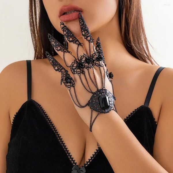 Charm-Armbänder Goth Gypsy Ethnische schwarze Spitze Handgelenkkette Fingerringe Harness für Frauen Bauchtänzerin Schmuck