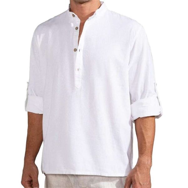 T-shirt alla moda da uomo primaverile e autunnale, camicia da uomo in cotone e lino a maniche lunghe in lino, ampia camicia a maniche arrotolabili