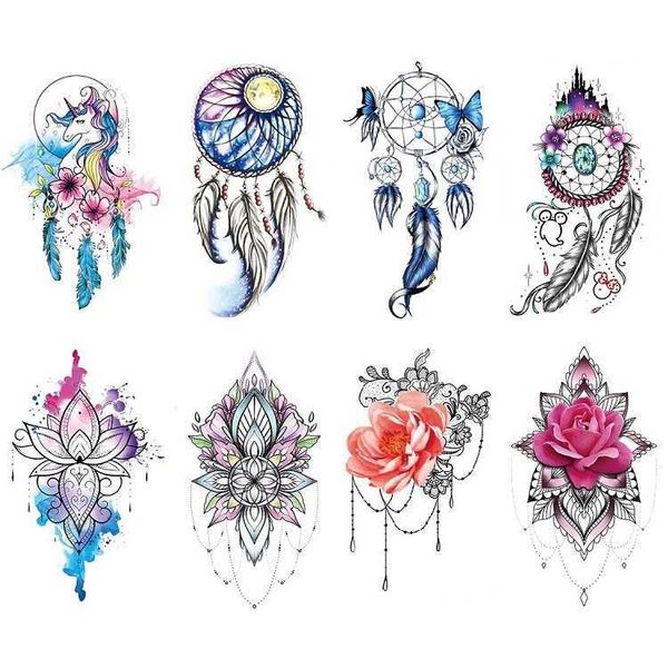 Dream Catcher Tatuagem Adesivo Totem Indiano Pena Fantasia Rosa Padrão de Renda TB Feminino À Prova D 'Água