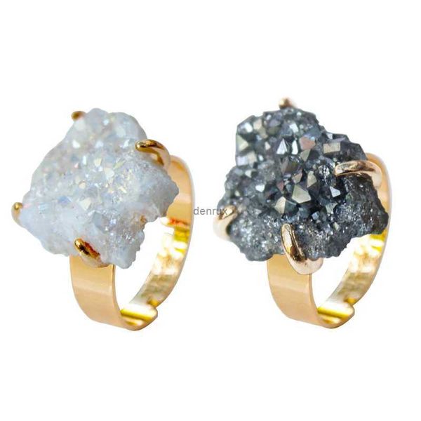 Anéis de banda Irregular Druzy Quartz Ring Crystal Cluster Ajustável Dedo Jóias para Mulheres e GirlsL240105